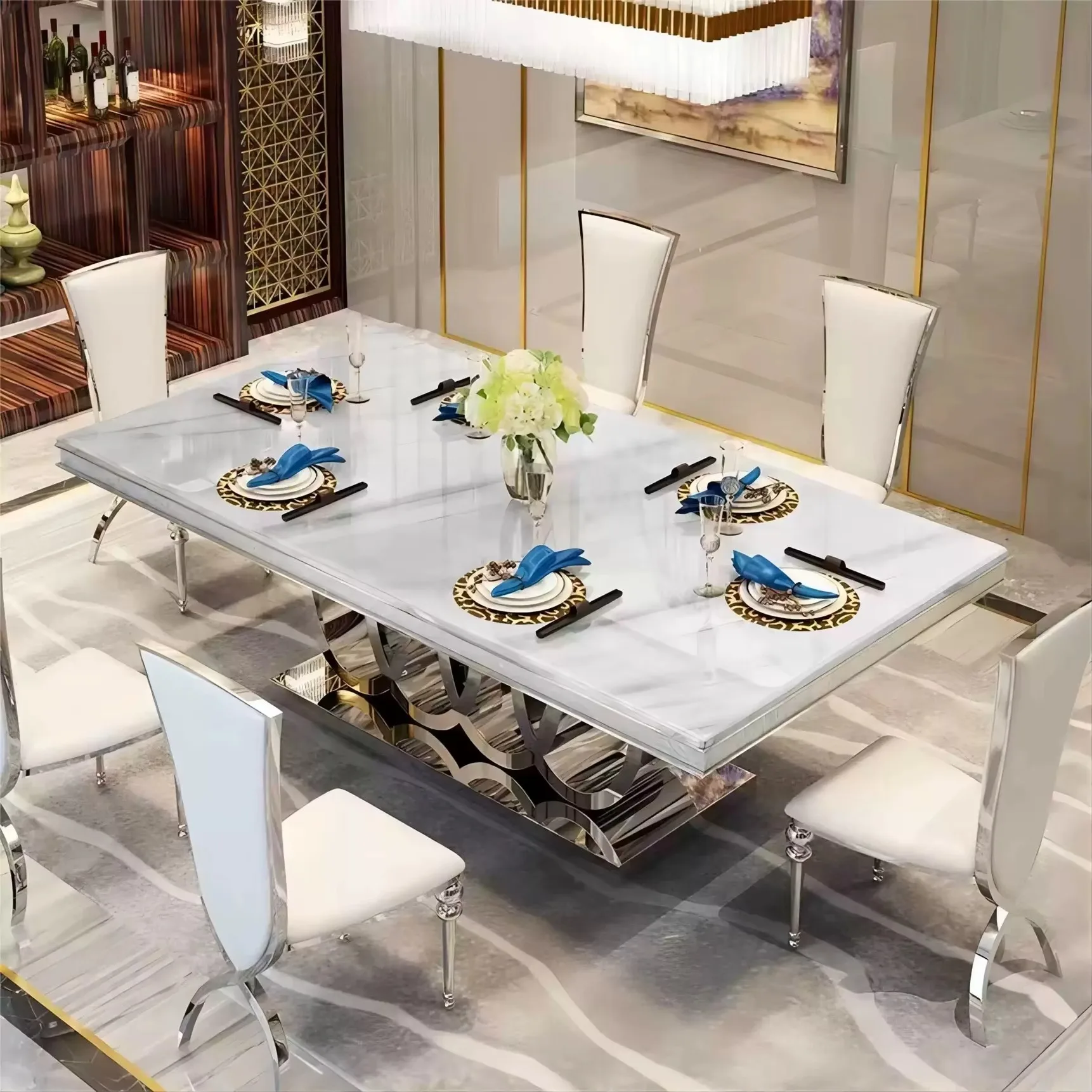 

Luxurious Kitchen Dining Table With Chair Set Gold Stainless Steel Pedestal Modern Marble Dining Room Table Set for Hotel