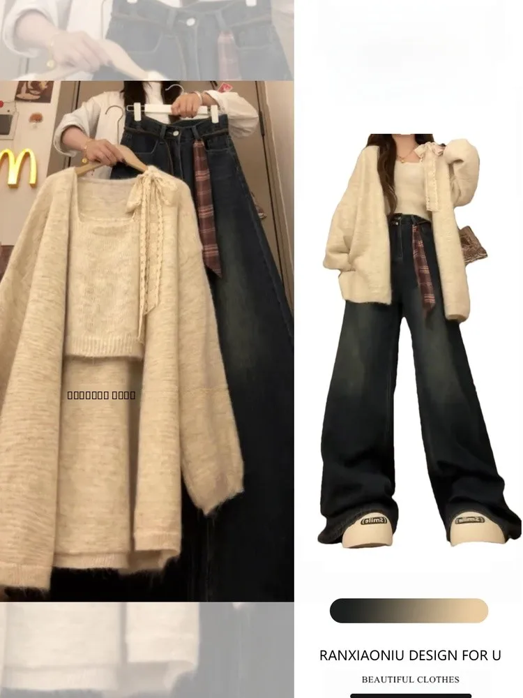 

Модный женский вязаный комплект: кардиган на пуговицах с длинными рукавами и джинсы с высокой талией и прямыми штанинами