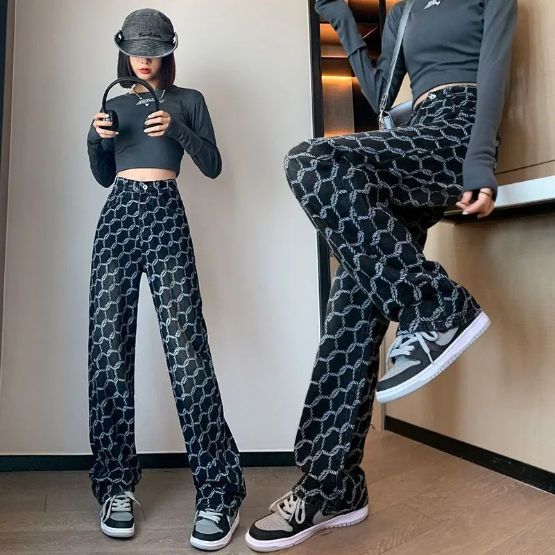 Women Black Denim Pants Loose Tight High Waist Straight Cylinder Wide Legs Student Oversize Jeans 80 To 200 Pounds Can Wear 2023