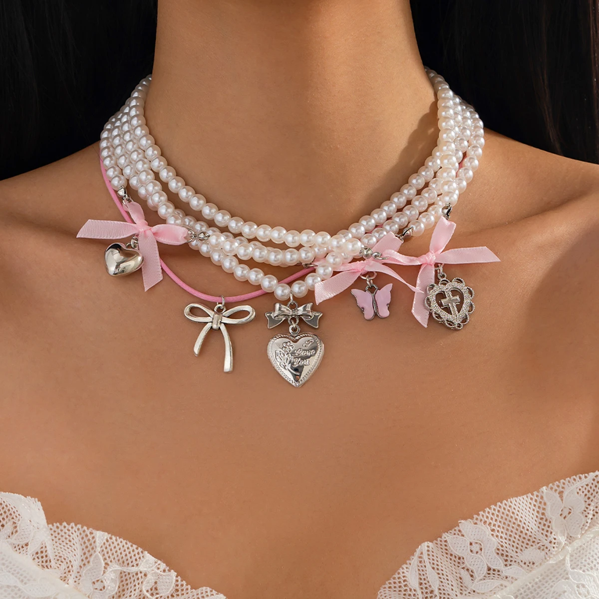 IngeSight.Z Romantic Sweet Pink Bow Love Heart Pendant Necklace Set Women Trending  Imitation Pearl Choker Neck Jewelry