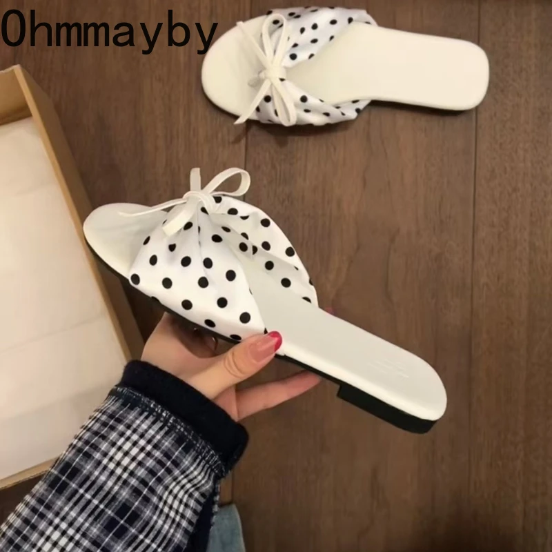 

Летние модные женские шлепанцы с квадратным носком, элегантные сандалии для отдыха, милые шлепки в горошек для улицы и отпуска