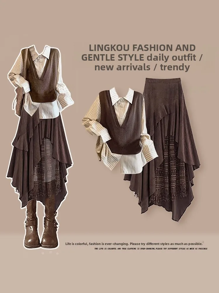 

American Style Autumn Set Women's Atmosphere Age Reduction Vest Striped Shirt with Irregular Skirt Three Piece Set