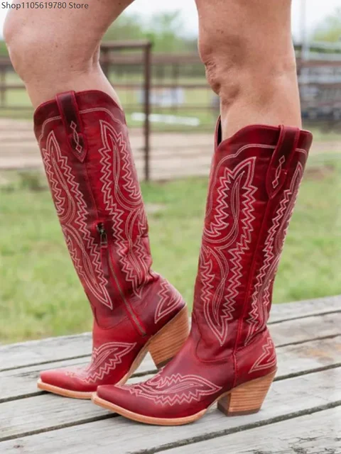 Botas Vaqueras Occidentales Bordadas hasta la Rodilla con Tacón Alto y Grueso, para Otoño e Invierno, Tallas 35-46, Botas de Media Caña para Mujer