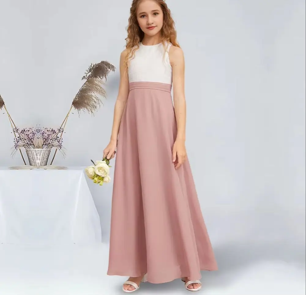 

BBA Kids A-Line Scoop Floor-Length Chiffon Lace Junior Bridesmaid Dresses Dusty Rose Stunning Flower Girl Dresses Party Wedding