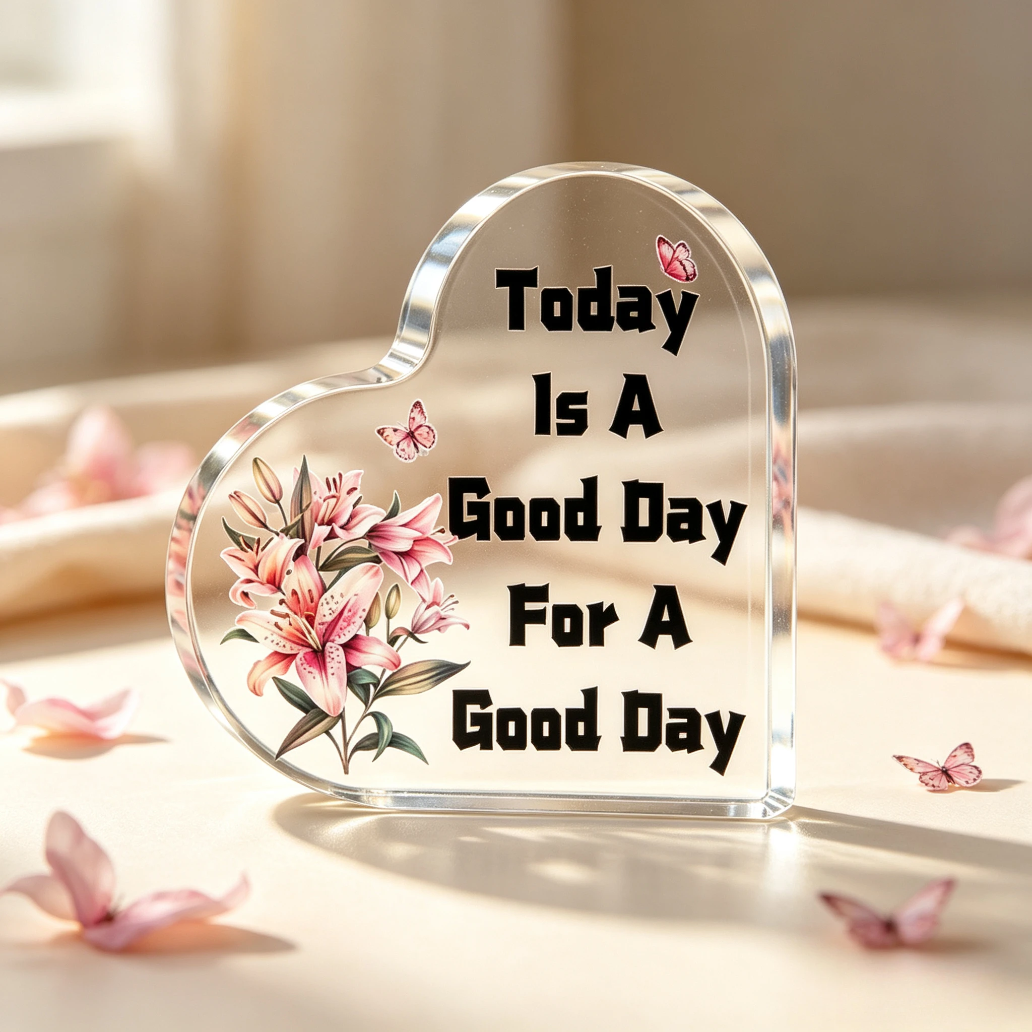 Heart Acrylic Desk Plaque Today Is A Good Day For A Good Day, Pink Lily Butterfly Positive Decor