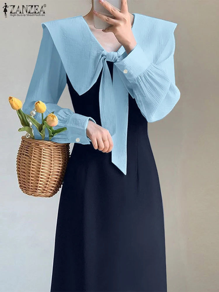 ZANZEA French Peter-pan Collar Bowknot Party Dress Trendy Color-Blocked Long Sleeve Midi Dresses 2025 Spring Elegant Vestidos