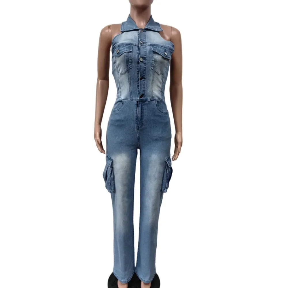 FAGADOER jumpsuit gaya Denim biru jumpsuit satu potong celana panjang saku Halter jins dicuci wanita playsuit koboi wanita