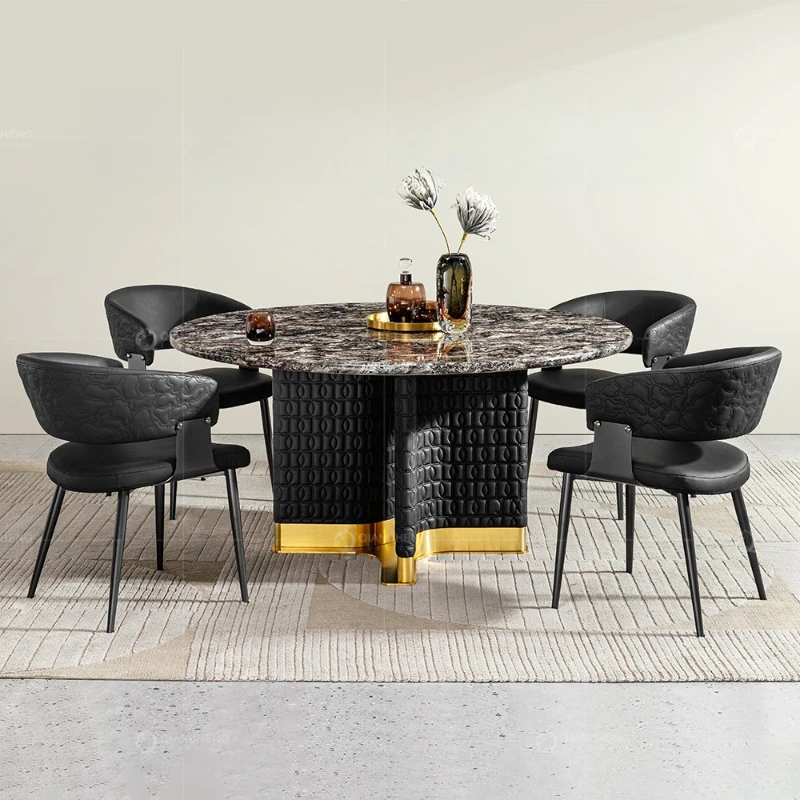 

Marble round dining table Italian light luxury luxury luxury dining room furniture black designer dining table and chair set
