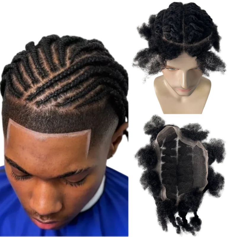Burmese Virgin Human Hair Hairpieces #1 Jet Black Color Soft Dreadlocks Braids Toupees Full Lace Unit for Black Men