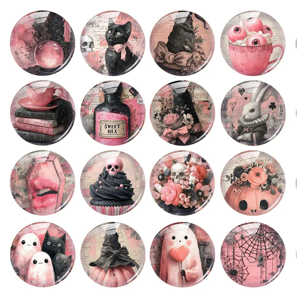 Random Mixed Round/Oval/Square Pink Dark Witch Magic Gothic Photo Glass Cabochon Flatback Demo Cameo For Diy Jewelry Making