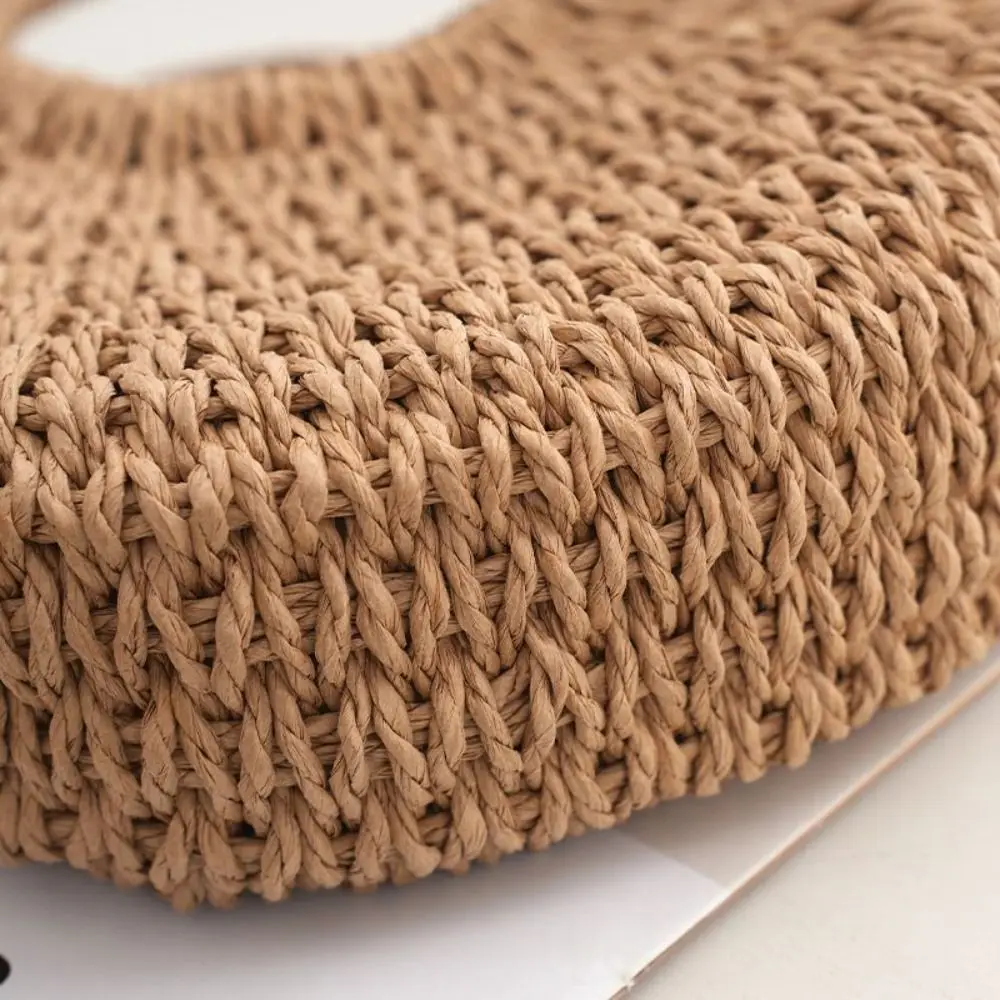 Solid Color Straw Woven Handbag Half-Moon Shape Large Capacity Women Weaving Handbag Elegant Bohemian Sundries Storage Bag