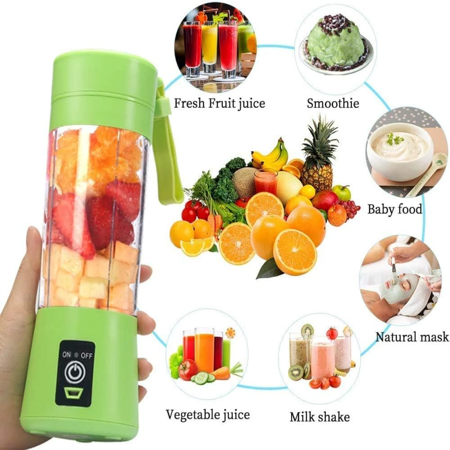 Portable, Personal Mixer Rechargeable with USB, Mini Blender for Smoothie, Fruit Juice, Milk Shakes, 380ml, Six 3D Blades for, 9