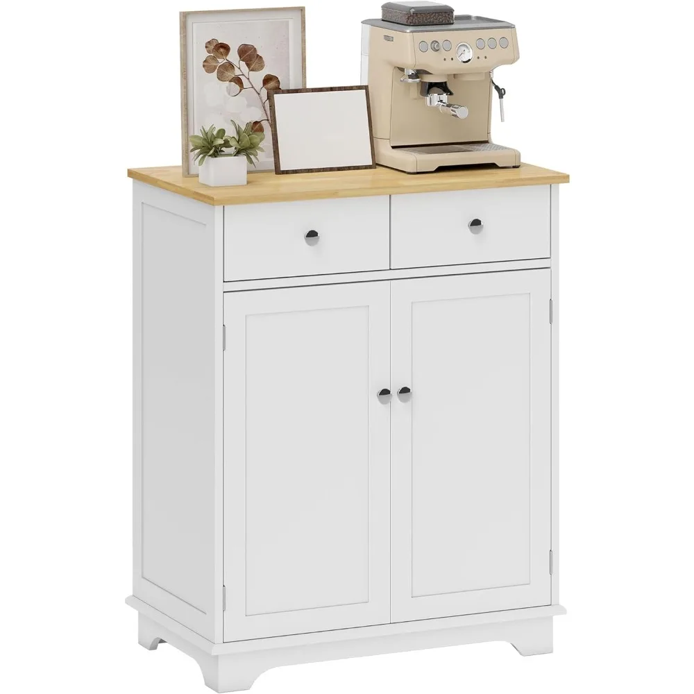 

Sideboard with Solid Wood Countertop, Modern Kitchen Storage Cabinet, Coffee Bar Cabinet with 2 Drawers, Doors , White