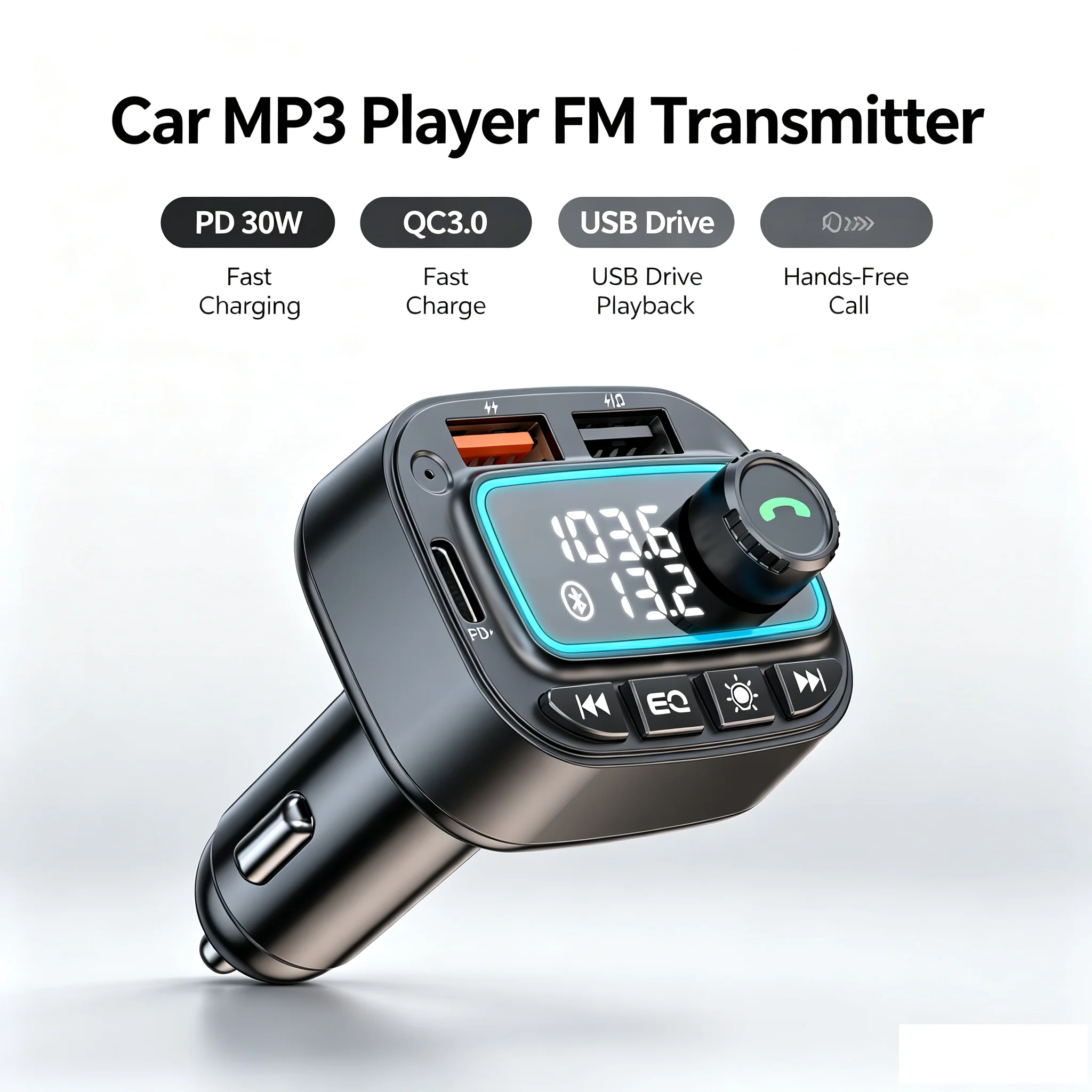 Car Bluetooth FM Transmitter, Car MP3 Player FM Radio Adapter, PD30W + QC3.0 Fast Car Charger, Dual‑LED Digital Display, U‑Disk