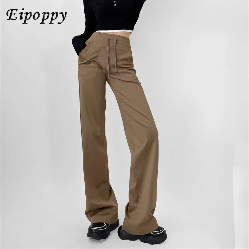 Hot Girl Sexy High Waist Drawstring Lace-up Yoga Straight-Leg Pants Autumn and Winter Solid Color Fleece-Lined Wide-Leg Trousers