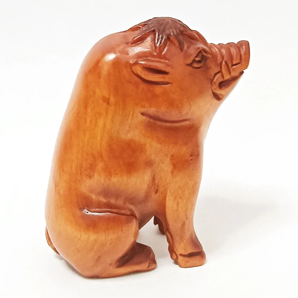 

RS523, 2" Hand Carved Japanese Boxwood Netsuke, Boar Pig Figurine, Animal Sculpture, Small Ornaments