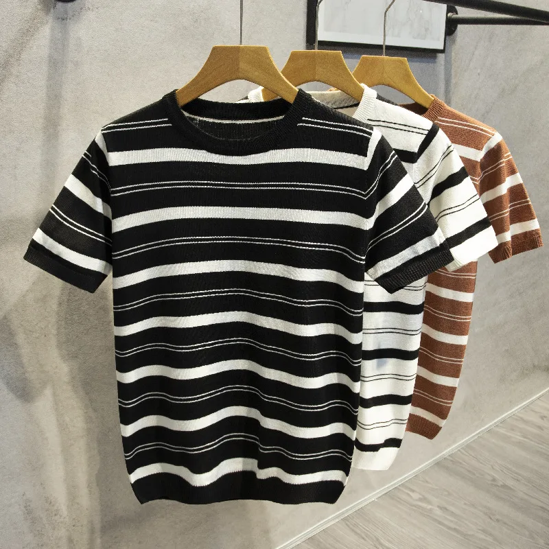 Summer Top Short Sleeve Stripe Knitting Tshirt Tee Jacquard Weave High Quality Streetwear Round Sleeve T-shirt Men Clothing