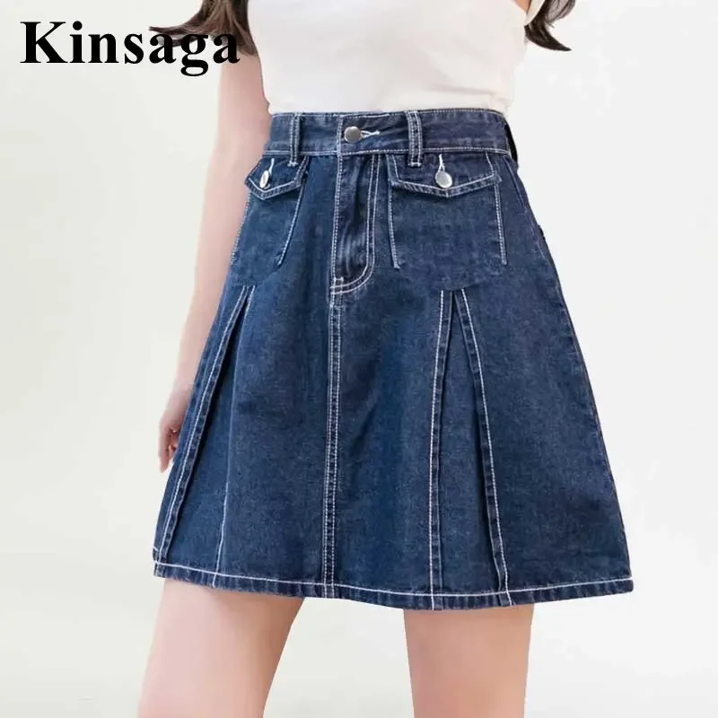 

Y2K Pockets Bright Line Mini Umbrella Denim Skirt 5XL Summer Street High Waist A-line Pleated Jeans Skirt Y2K Kawaii Micro Skirt