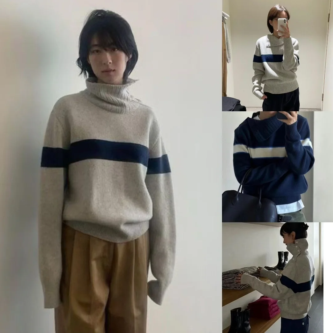 

Moondal Camere Knitted Sweater High Collar Loose Fit Button Detail Color Blo Long Sve Women's Commute Sle Knitwear