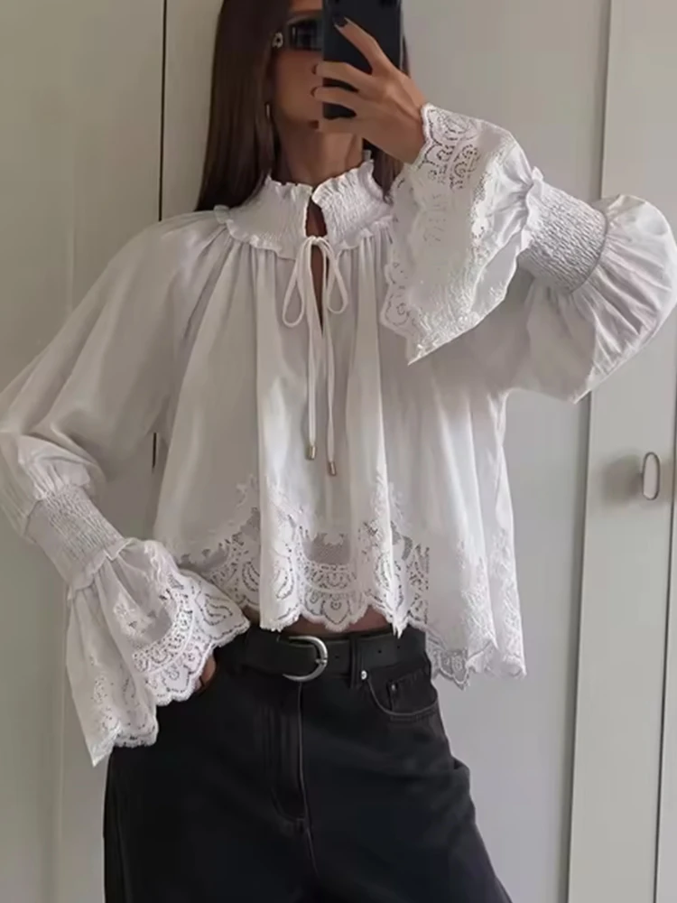 TFMLN Women's Lace Embroidery Blouse 2026 Elegant Stand Collar Long Flare Sleeve Lace-up Loose Vintage Party Shirt Summer New