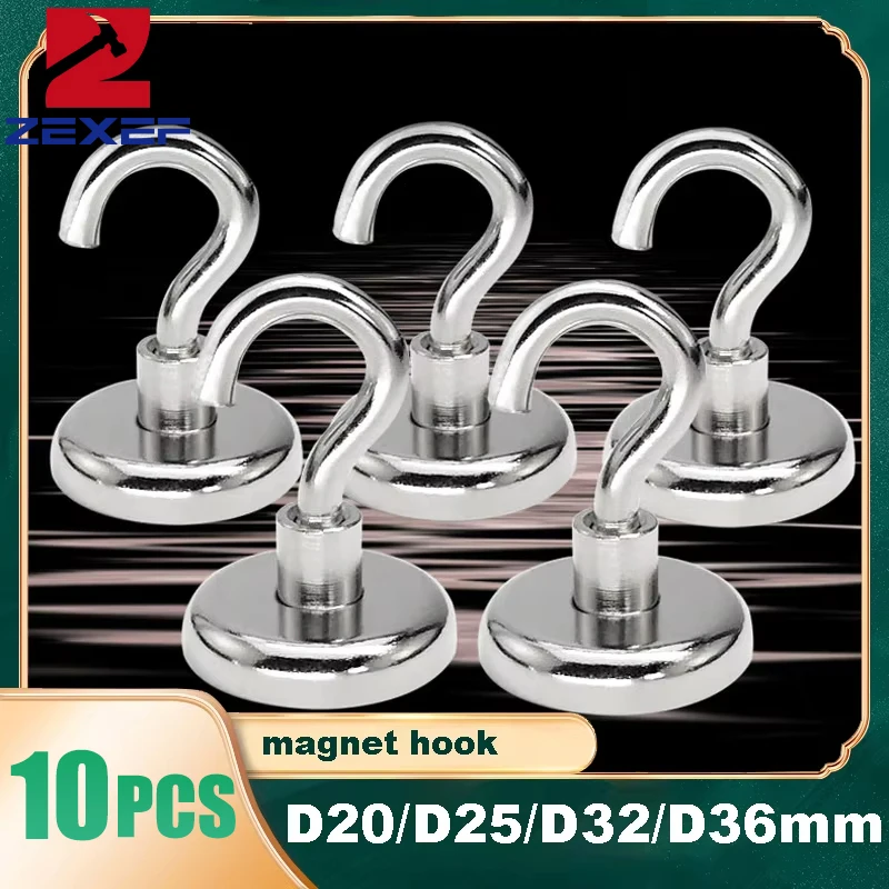 ZEXEF 10 Pcs Strong Magnetic Hook Golden Hook Diameter 20/25/36/42/48mm Neodymium Magnets Hook Home Kitchen Workplace etc