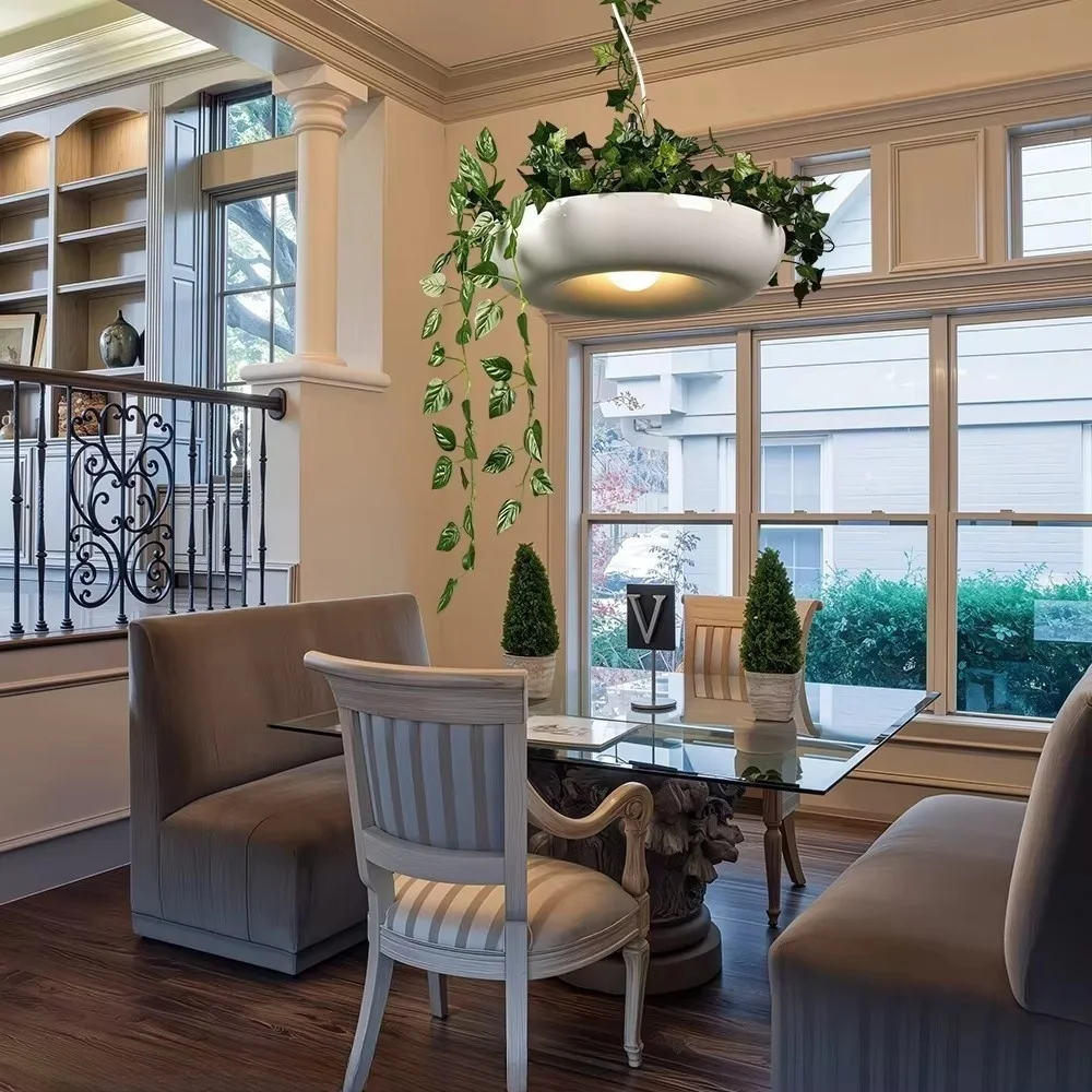 

Modern Round Pendant Light With Artificial Leaves For Living Dining Room Kitchen Island White Aluminum Alloy Led Hanging Lamp