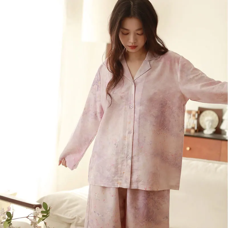 Silky Draped Lyocell Cotton Pajama Set Women Long Sleeve Lapel Floral Print Sleepwear Elegant Home Loungewear Eco-friendly