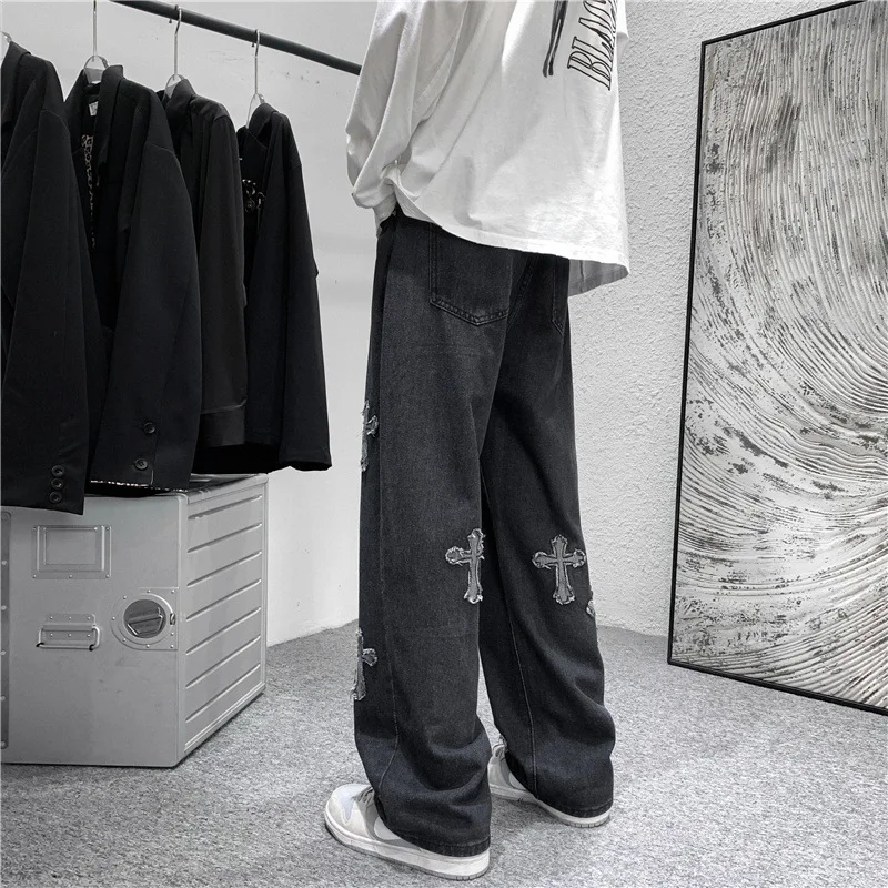 Men Cross Print Jeans Autumn Winter Harajuku Loose Wide Leg Denim Pants Student Hip Hop Straight Casual Daily Fashion Trousers