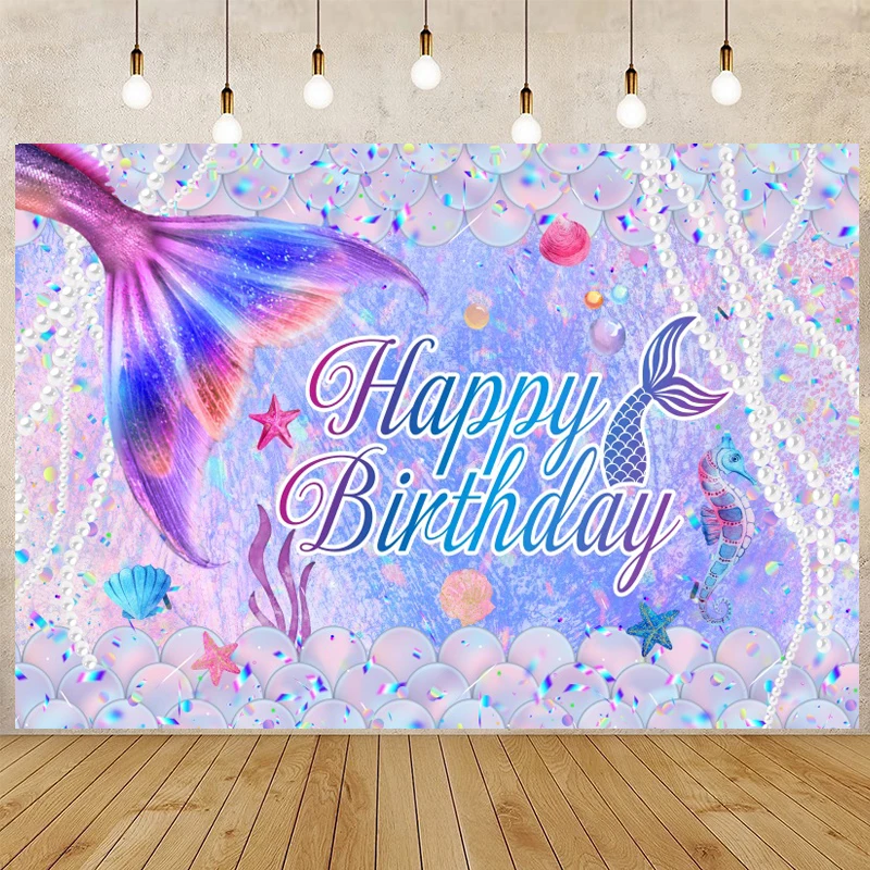 Underwater Fishtail Happy Birthday Custom Photo Background Cake Smash Table Decor Newborn Baby Shower Girl Princess Backdrops