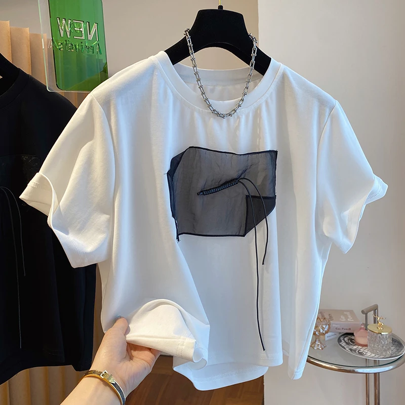 Korean Style Short Sleeve Loose T-shirts Casual Women Niche Design Spliced Casual Versatile Tee Tops 2024 New