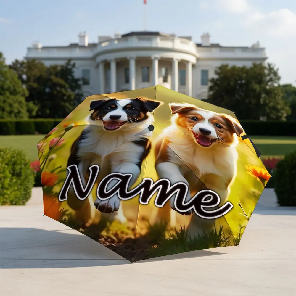 Custom Name, Two Happy Running Border Collie Puppies Floral Meadow Print Folding Umbrella Portable Travel Parasol For Dog Lover