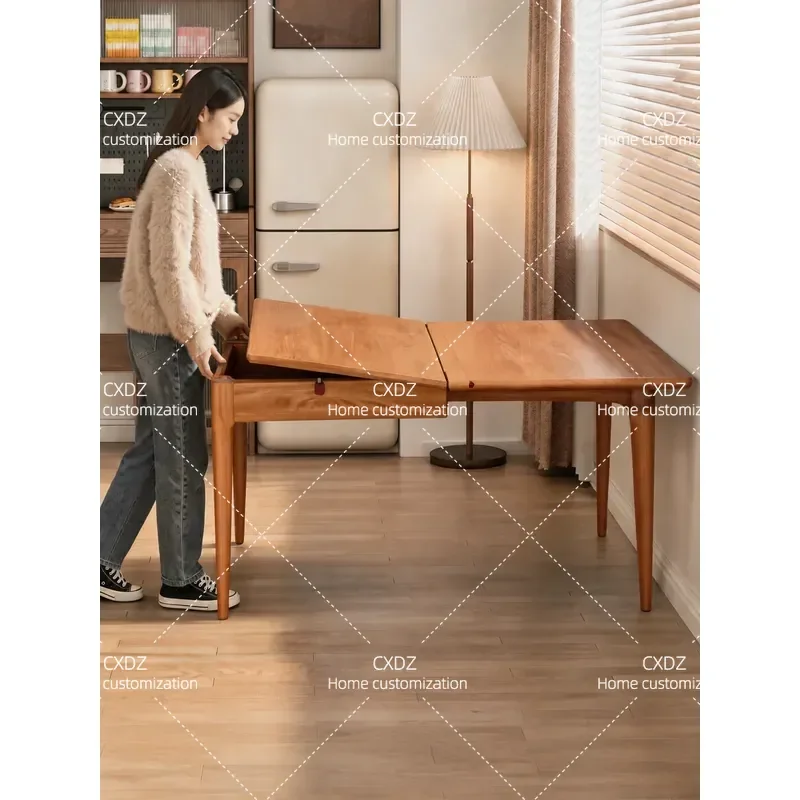Solid Wood Retractable Dining Table Rectangular Folding Table and Chairs Set for Small Apartment Household Furniture Space
