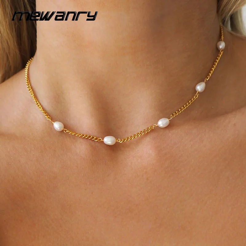 Mewanry 316L Stainless Steel Pearl Necklaces For Women Girls French Fashion Temperament Elegant Simple Anniversary Jewelry Gifts