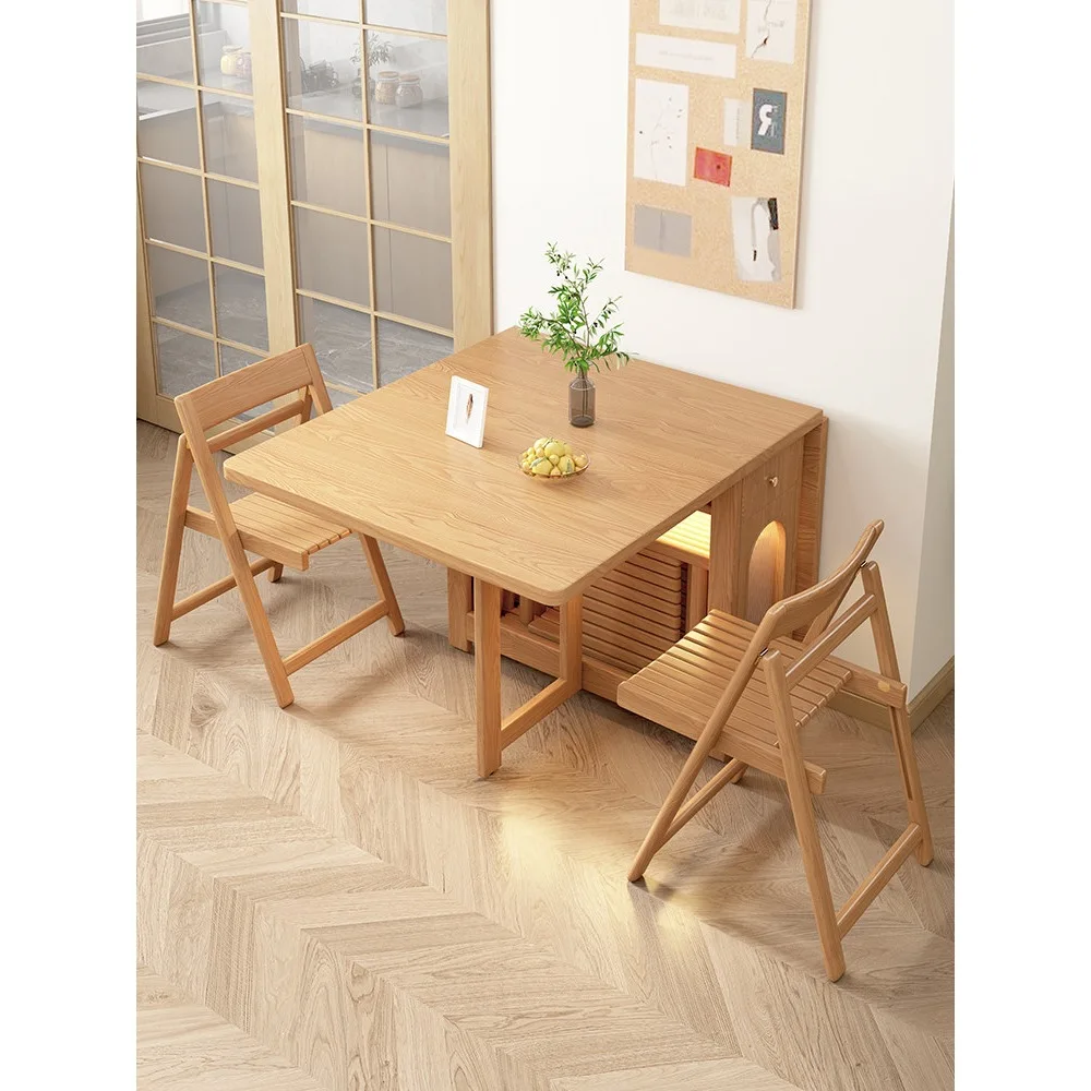 All solid wood folding dining table household small apartment multi-functional mobile diningtable new restaurant log style mode