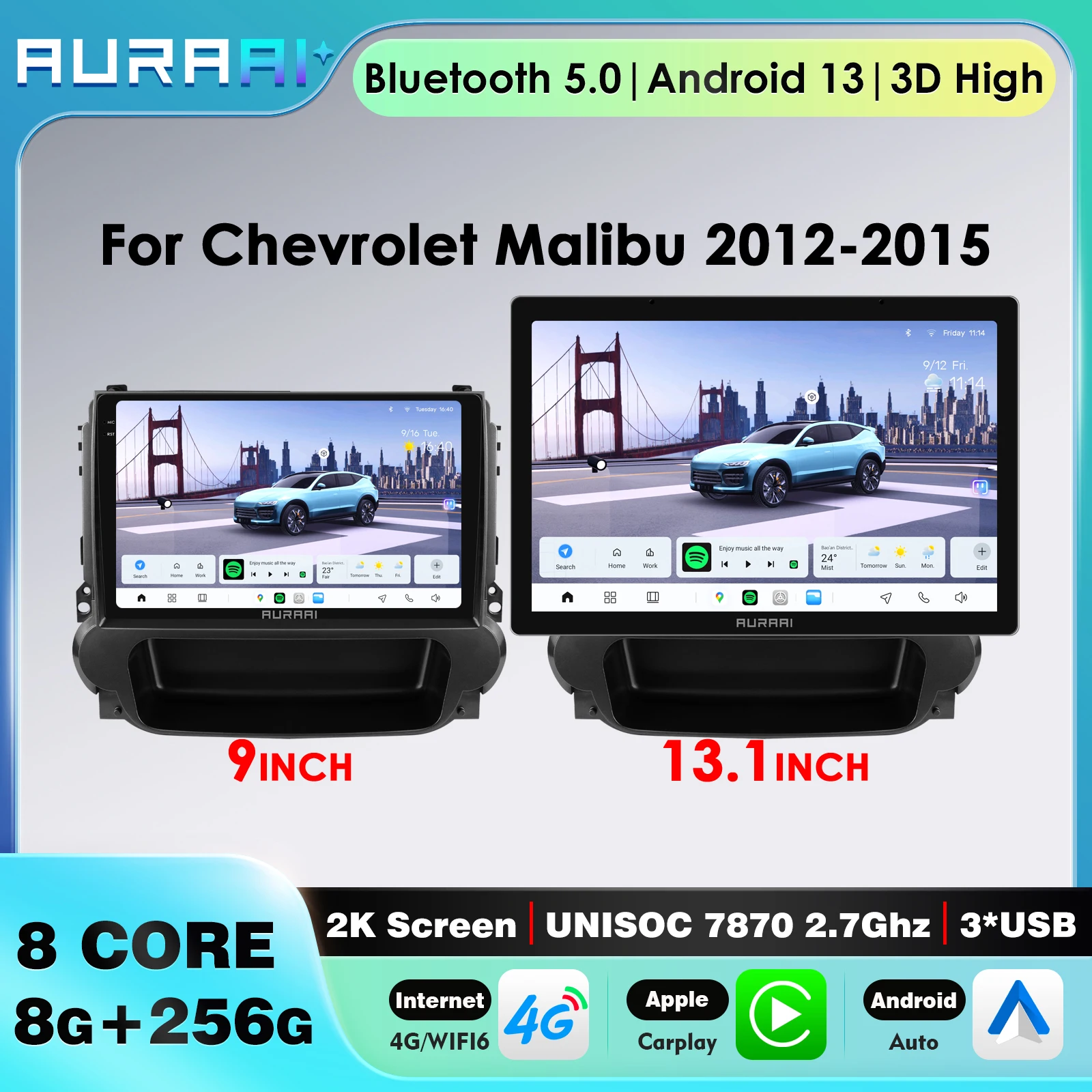 

Беспроводной мультимедийный проигрыватель 4G-LTE Carplay для Chevrolet Malibu 2012-2015, 8G+256G, 9-дюймовый 2K экран, Android Auto, GPS, RDS