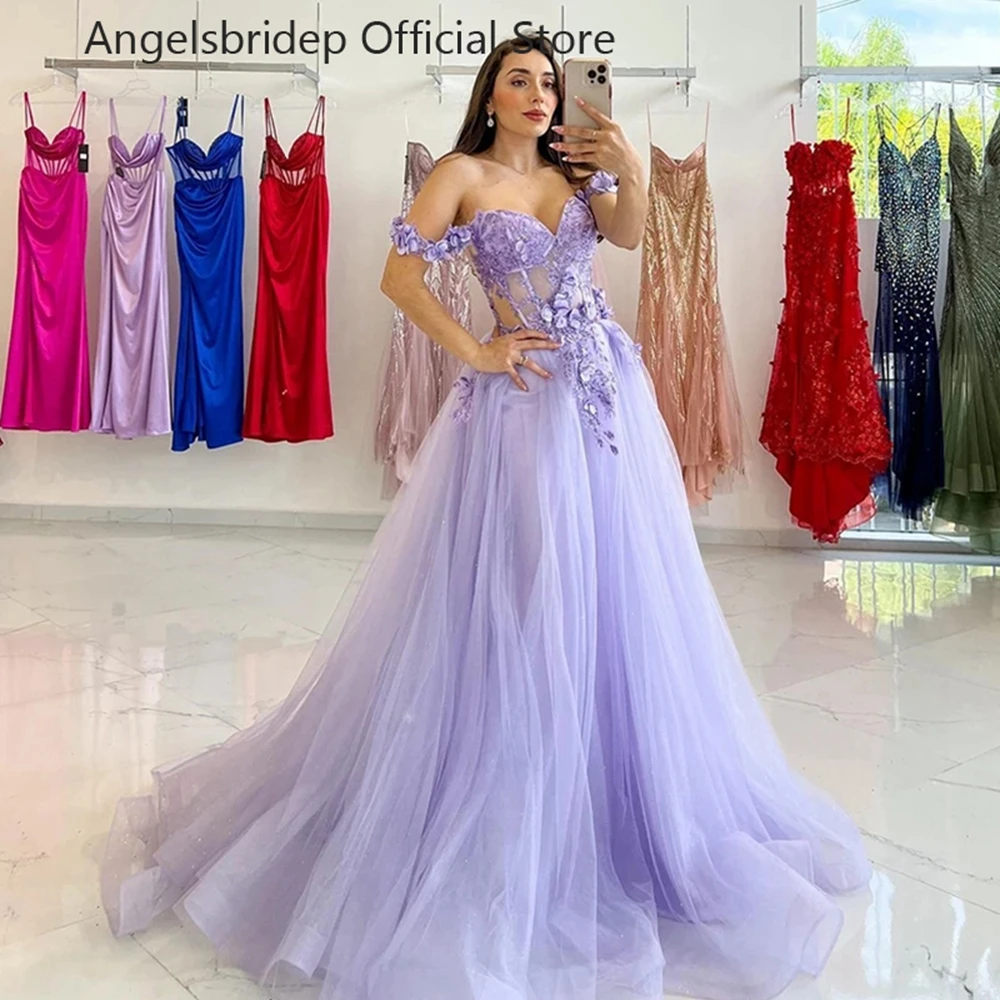 

Angelsbridep Lavender Tulle A-line Evening Dresses Fashion 3D Flowers Appliques Sweetheart Robes De Soirée Long Vestidos De Gala