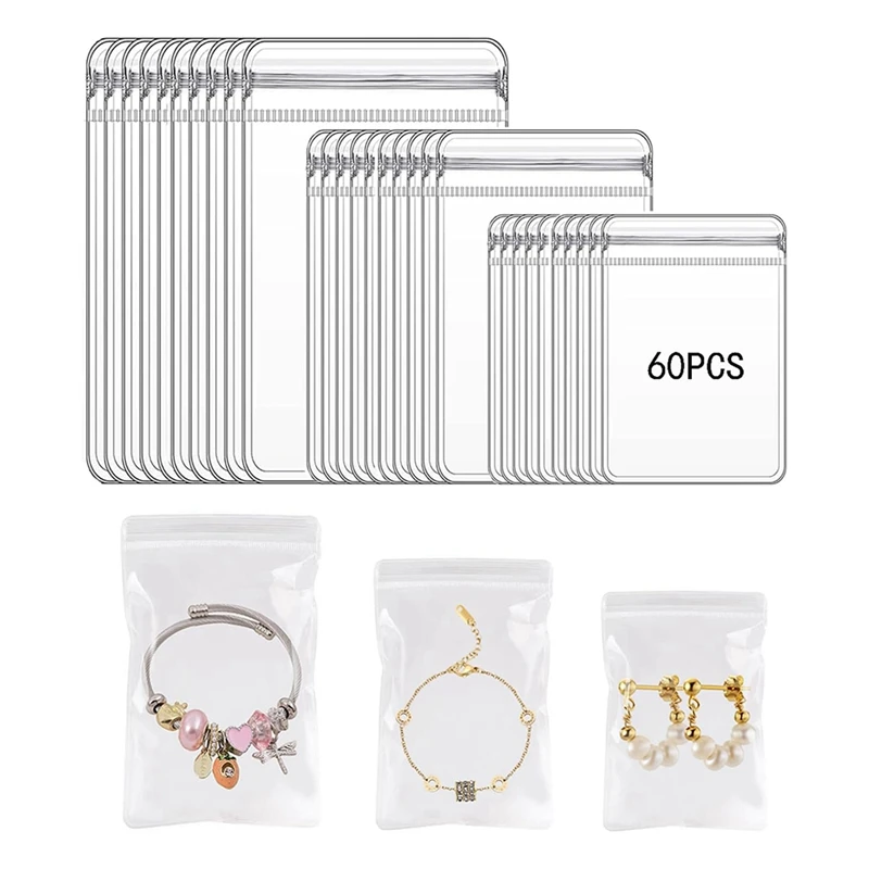 ABWR-60Pcs 3 ukuran jelas penyusun perhiasan anting cincin kalung tas penyimpanan perjalanan, Anti noda melindungi perhiasan