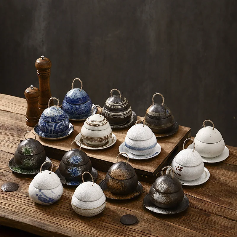 LingAo--maceta de cerámica de estilo japonés para un nido de pájaro con tapa y plato, cuenco para pudín de postre