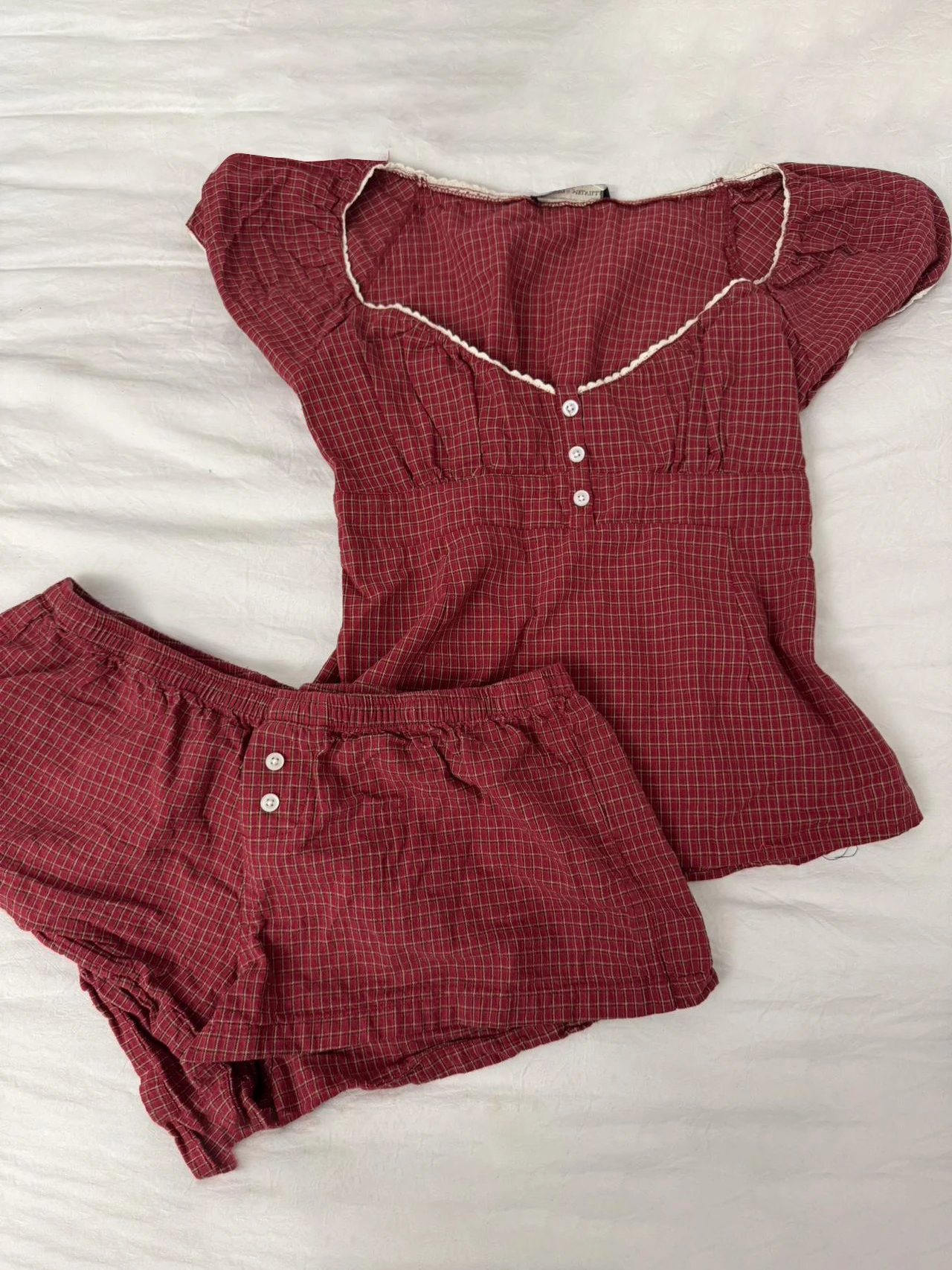

Red Plaid T-Shirt 2 Piece Sets Women Lace-up Puff Sleeve Blouse+Elastic Waist Short Pants Summer Cotton Sweet Buttons Shorts Set