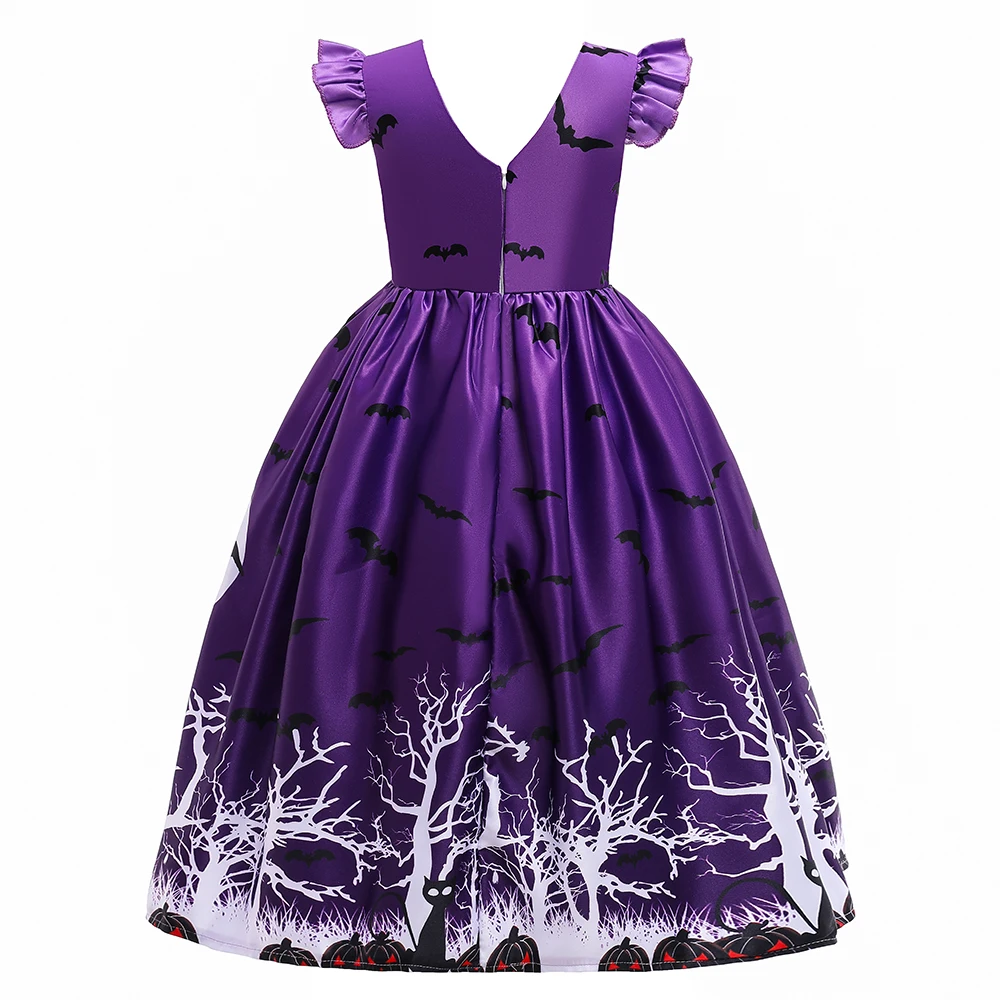 Halloween Ghost Pumpkin Print Costume for Girls Carnival Bat Purple Bow Birthday Party Dresses Gothic Cosplay Prom Kids Clothing