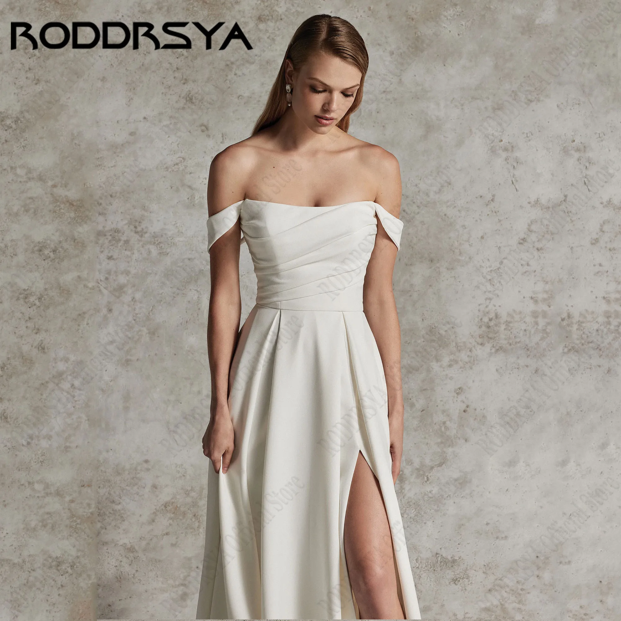 RODDRSYA Off Shoulder Bridal Gowns A-Line Simple Soft Satin Wedding Dresses With Side Slit Backless Buttons vestido Customized