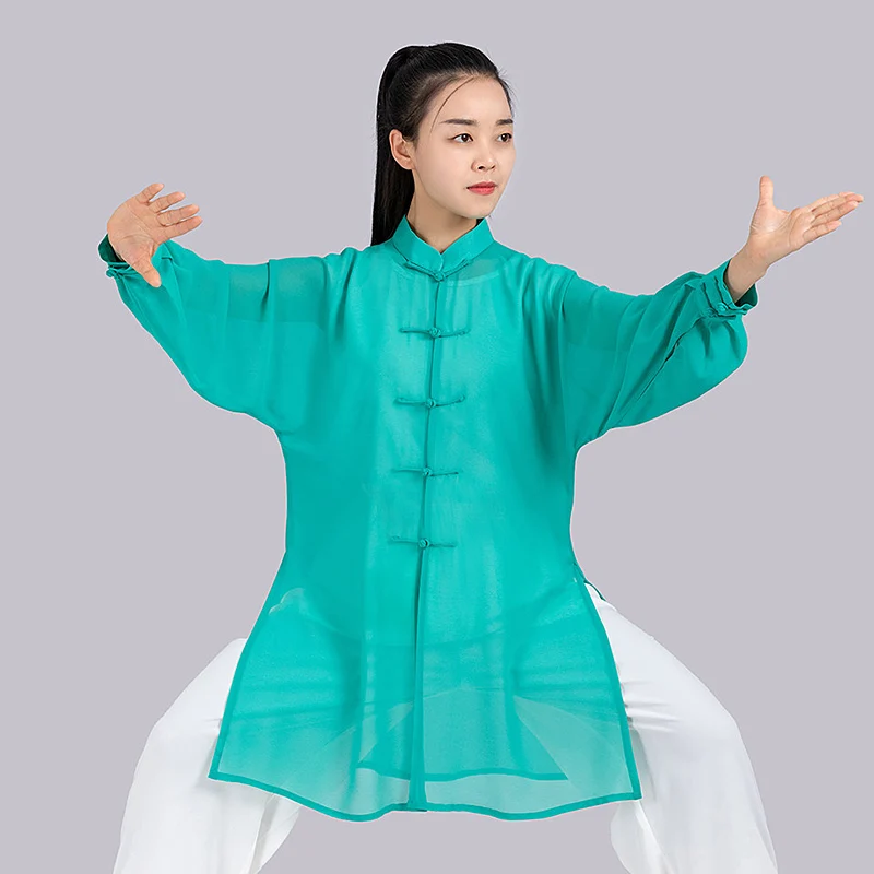 Summer Lightweight UPF Tai Chi Suit for Women – 3-Piece Chiffon Wushu Uniform, Chinese Style Performance Set  Short Description