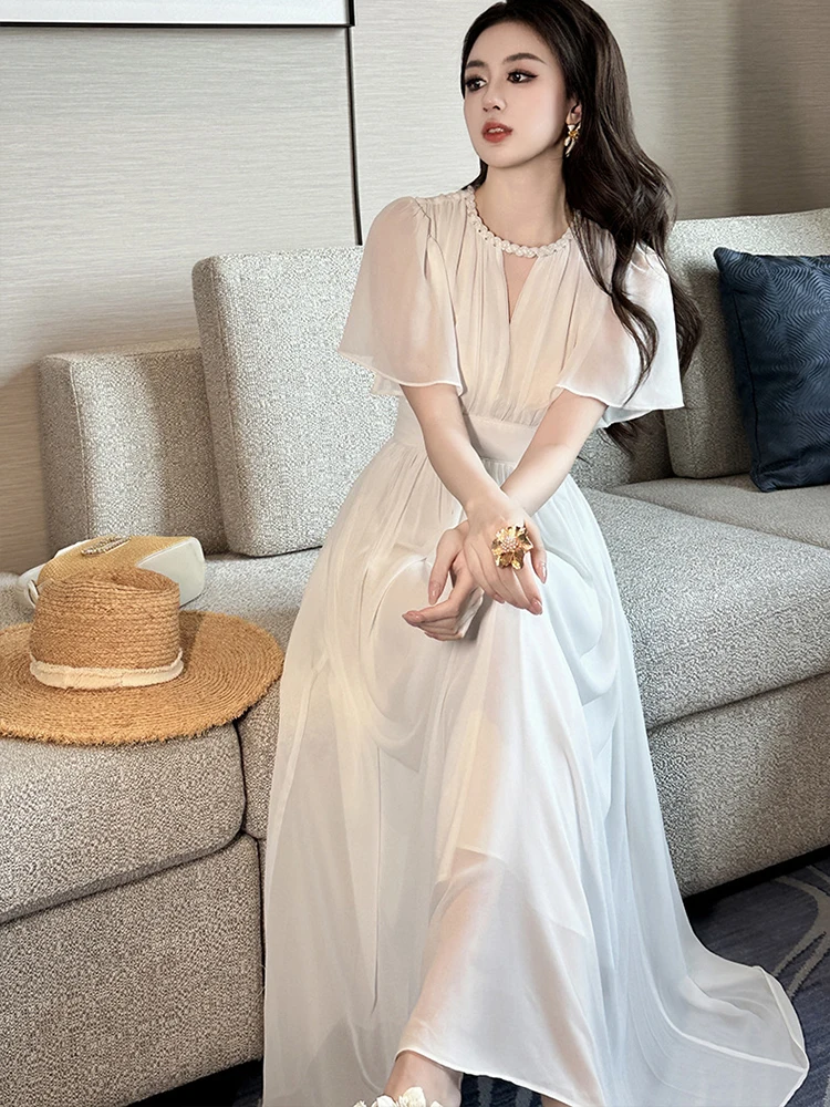 French Holiday Vacation Dress Women Sweet Fairy White Chiffon Cut Out Pleated Swing Long Robe Female Seaside Party Date Vestidos