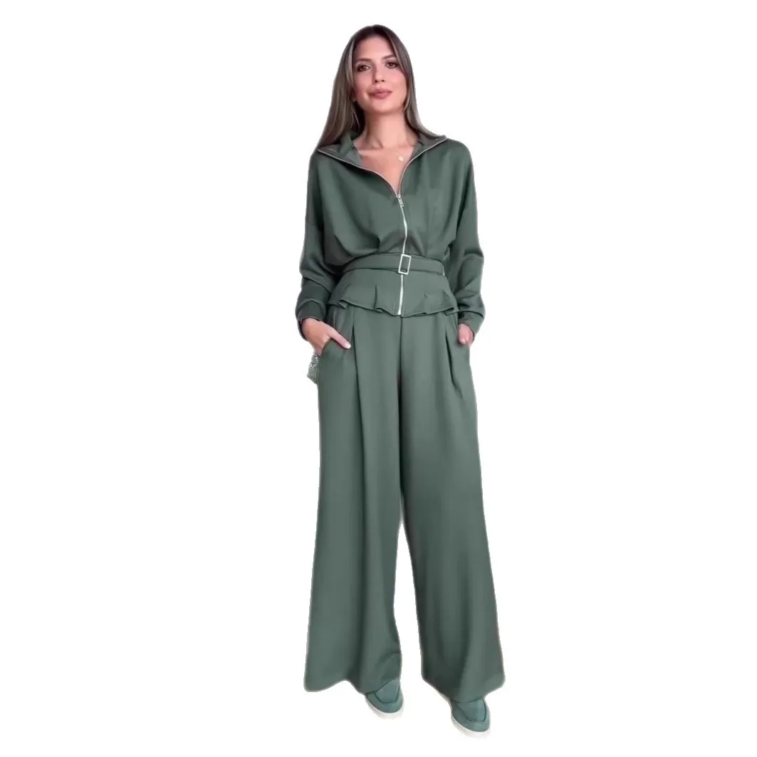 Womens 2026 Zip Collar Jacket Square Belt High Waist Wide Leg Pants Two Piece Sets Elegant Daily Casual Outfit for Ladies
