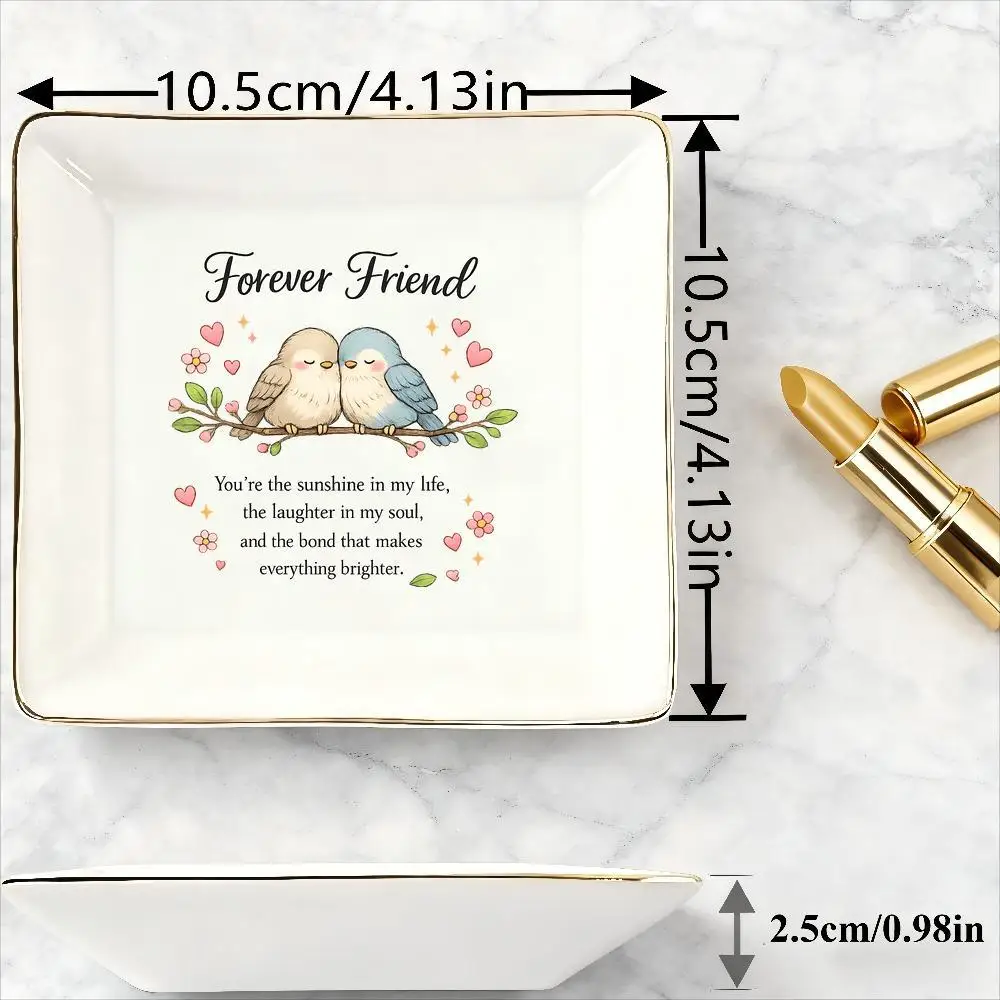 Jewelry Trays Love Birds Hearts & Flowers Square Ceramic Jewelry Dish, Cute Heartwarming Golden-Rimmed Design, Decorative Trinke