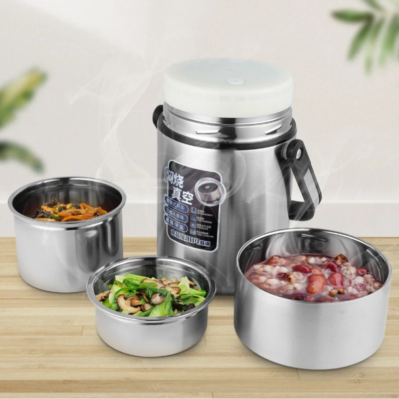 

1 шт., 1,4/1,7/2,2 л, вакуумная изоляционная коробка для завтрака, трехслойное изоляционное ведро большой емкости для взрослых, студентов, коробка для бенто, подъемник