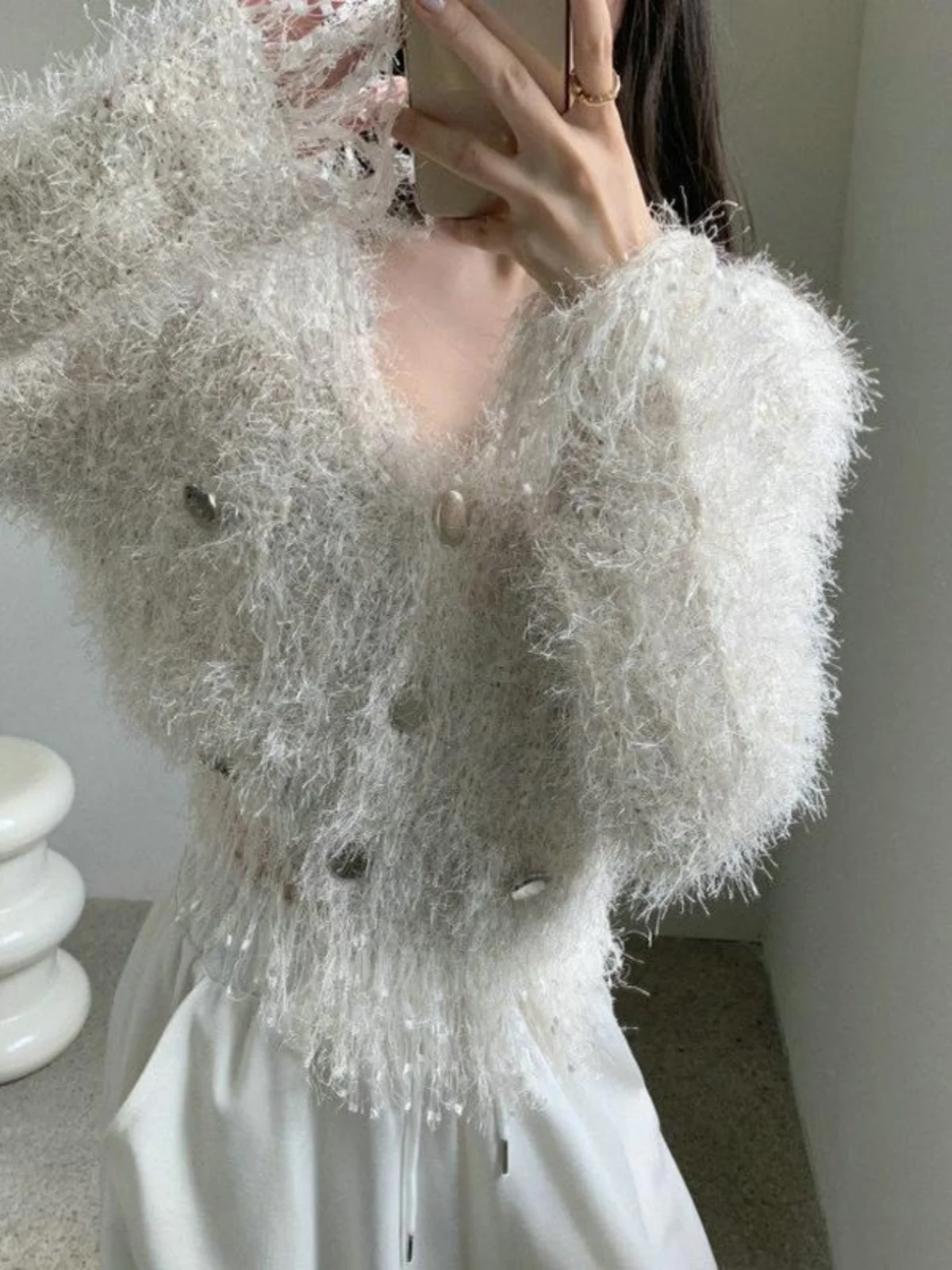 

Приталенный вязаный свитер с длинными рукавами и V-образным вырезом, с бахромой, подчеркивающий талию, зимняя повседневная модная одежда, прямой крой, трикотаж