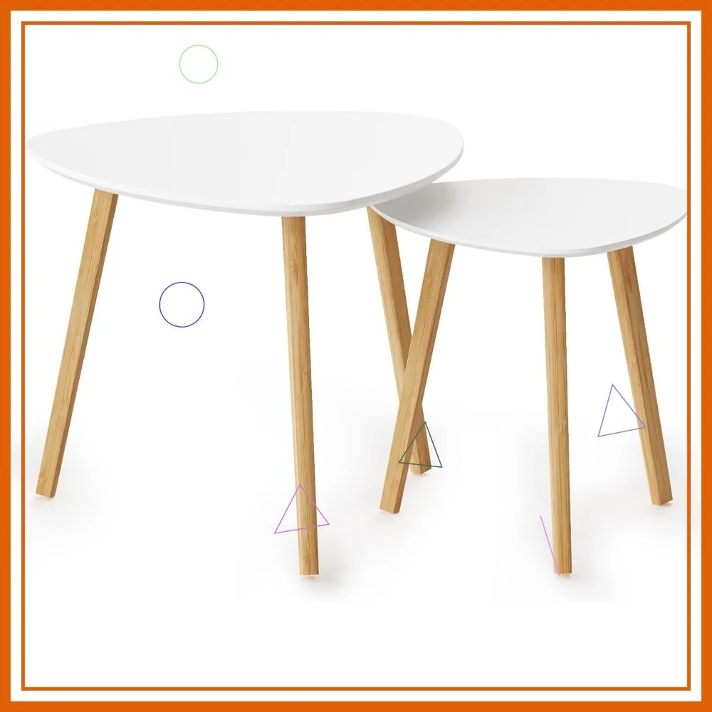 

Modern Nesting Triangle Side Tables, Set of 2 Minimalist Coffee Tables for Living Room & Balcony in White