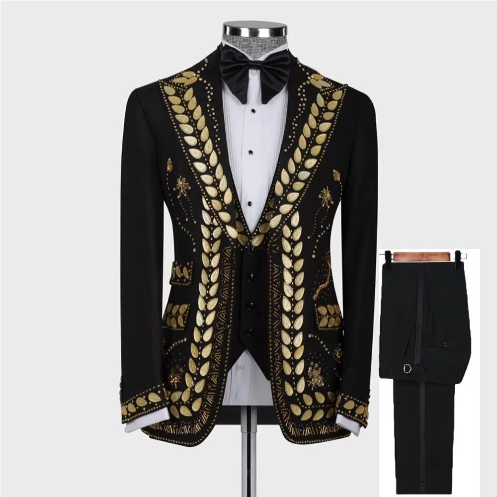 Groom Tuxedos Fit Slim Golden Beading Black Wedding Suits For Men Luxury 3 Piece Jacket Vest Pants Bridegroom Suit Man Clothing