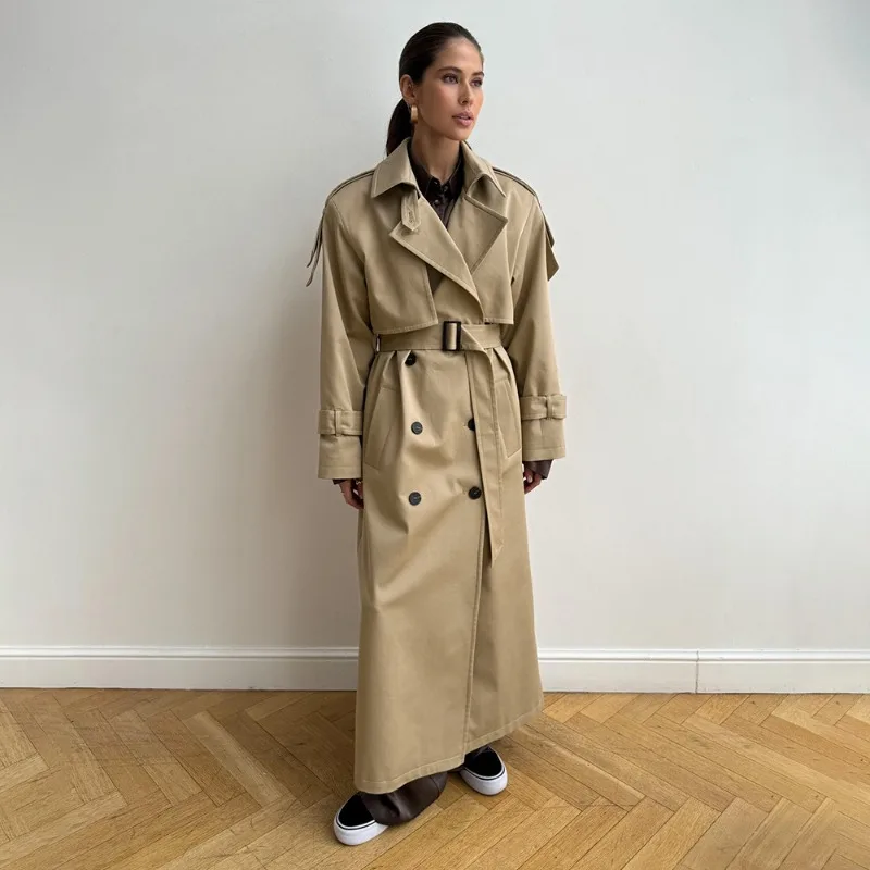 Women Long Trench Coat Autumn Winter Classic Double Breasted Overcoat Cotton Loose Belted Waist Adjusted Maxi Windbreaker Jacket